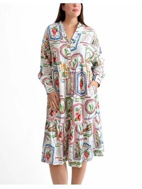 Maison d’ Amélie Fruit Print Linen Blend Midi Dress Size XS V Neck Pockets New